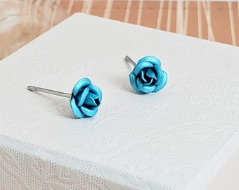 Beautiful Blue Rose Earrings Stud • 6mm • Stainless Steel Hypoallergenic • Flower Earrings