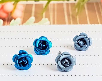 Blue Rose Studs - Flower Stud Earrings - Stainless Steel - 2 Pair Set - Gift For Her