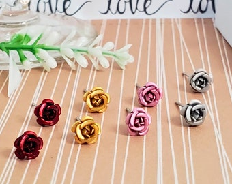 Fashionable Flower Earrings Stud • Hypoallergenic Stainless Steel • Rose Studs • 4 Pair Set