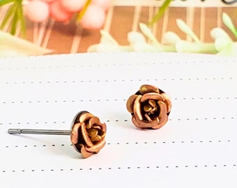 Rose Gold Flower Stud Earrings, Dainty Studs, Gold Rose, Best Friend Gift