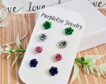 Fanciful Flower Earrings Studs • Hypoallergenic Sensitive Ears • Rose Studs • 4 Pair Set