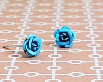 Beautiful Blue Flower Earrings • Tiny Rose Earrings • Thoughtful Gift For Her