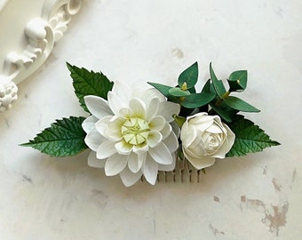 Dahlia Hair Piece, White & greenery wedding hair comb, Dahlia hair piece, Fall bridal headpiece, Real touch dahlia hair clip