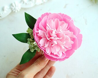 Pink peony flower hair comb Greenery wedding hair accessories Peonies headpiece Large flower bridal hair piece