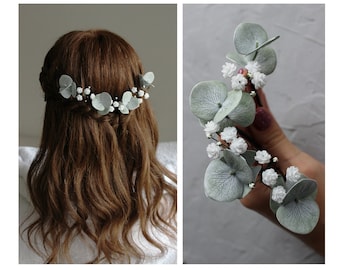 Épingles à cheveux en eucalyptus, accessoires de cheveux de mariage verdure, petites fleurs de gypsophile