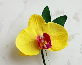 Yellow Orchid hair pin, Tropical hair piece, Hawaiian flower for hair