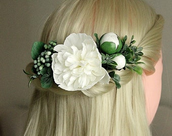 White Peony flower hair comb, Greenery wedding, White flower spring headpiece