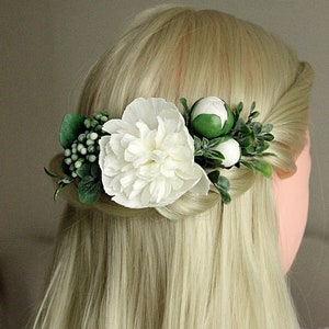 White Peony flower hair comb, Greenery wedding, White flower spring headpiece