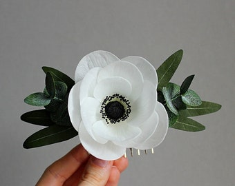 Anemone flower hair comb, Olive leaves Eucalyptus leaves White Poppy hair piece