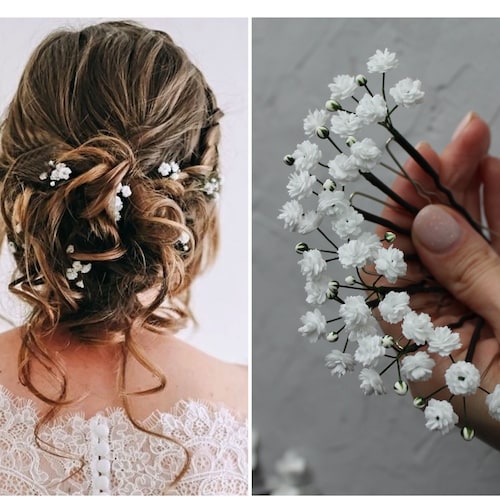 Bridal Babys Breath Hair Piece Wedding Flower Pins Clip Etsy