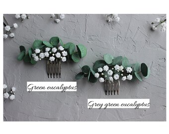Eucalyptus Babys Breath hair comb, Greenery hair piece, Gypsophila flowers bridal hair accessories