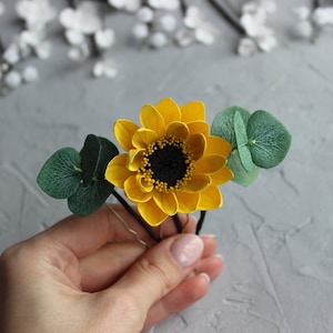 Sunflower Eucalyptus hair pins, Wedding flower hair pins, Rustic wedding