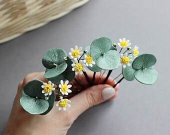 Daisy hair pins, Eucalyptus greenery hair piece