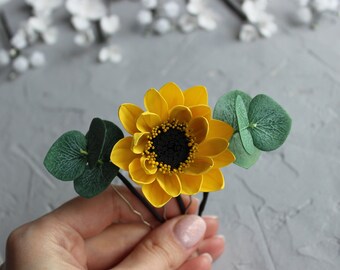 Sunflower Eucalyptus hair pins, Wedding flower hair pins, Rustic wedding