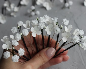 Hydrangea Babys Breath flowers hair pins, Wedding hair pins small flowers