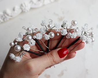 Baby Breath Pearl bridal hair pins, Gypsophila wedding hair piece