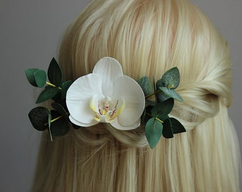 White Orchid hair comb, Greenery eucalyptus hair piece