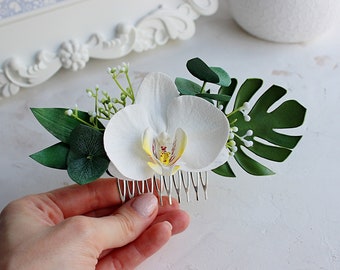 Wedding hair comb with White Orchid , Eucalyptus Greenery hair piece, Palm Monstera hair piece