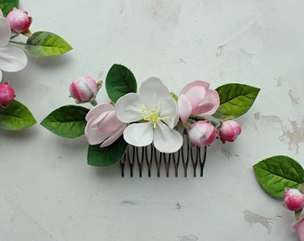 Apple blossom flower bridal hair comb, Floral headpiece for bride, Sakura flower for hair