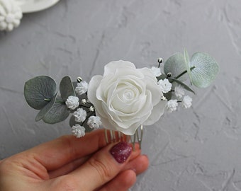 Rose Eucalyptus wedding hair comb Babys breath flowers bridal hair piece