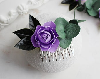 Purple rose Eucalyptus greenery wedding hair comb