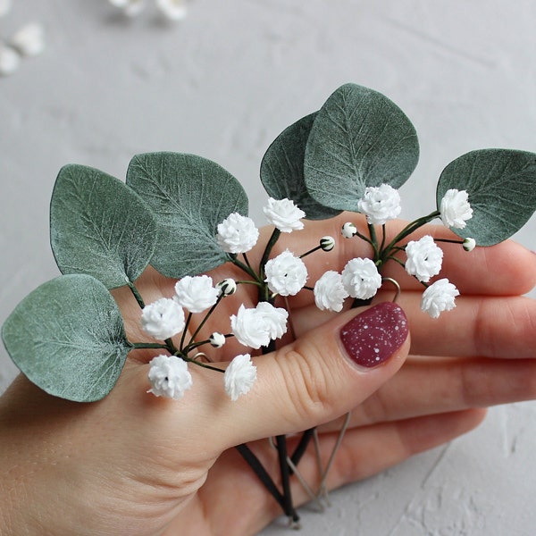Baby breath hair pins, Eucalyptus Greenery wedding hair piece, Floral hair pins