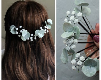 Babys breath Eucalyptus hair pins, Small flowers bridal hair piece