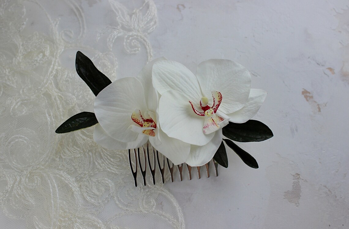 White orchids hair comb Tropical flower hair clip for bride Etsy