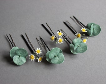 Daisy hair pins, Eucalyptus greenery hair piece