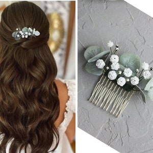 Eucalyptus Baby breath bridal hair comb, Greenery hair piece image 2