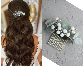 Eucalyptus Baby breath bridal hair comb, Greenery hair piece