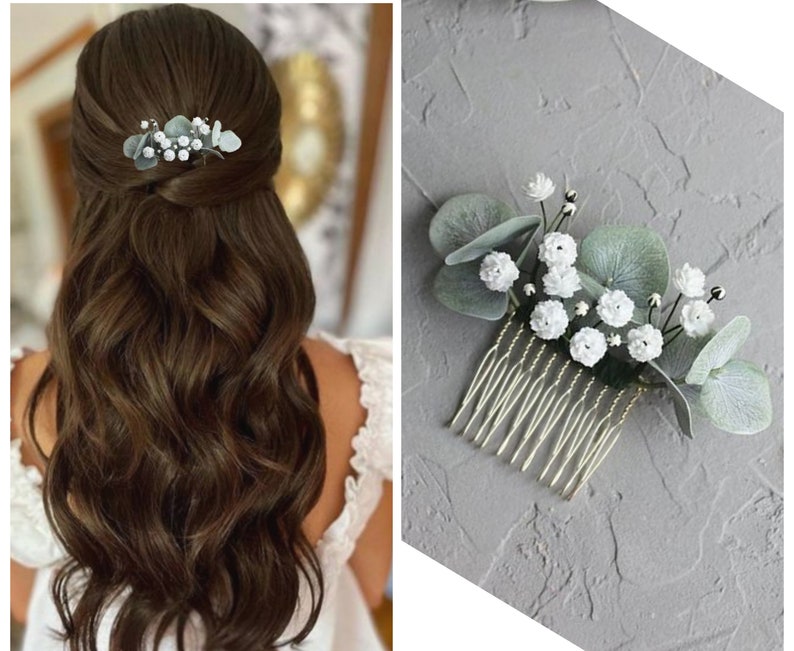 Eucalyptus Baby breath bridal hair comb, Greenery hair piece image 2