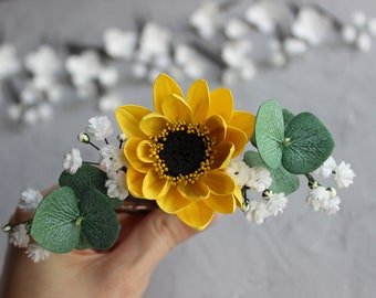 Bridal hair pins with Sunflower, Eucalyptus, and Baby's Breath Pins