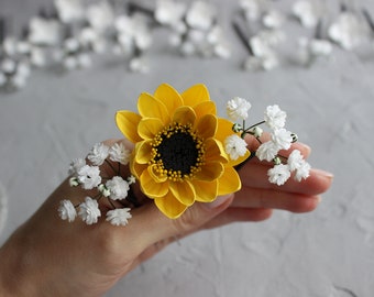 Sunflower Baby's Breath Hair Pins, Wedding Floral Hair Piece, Set of 5