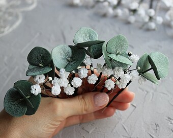 Babys breath Eucalyptus hair pins, Greenery wedding hair piece