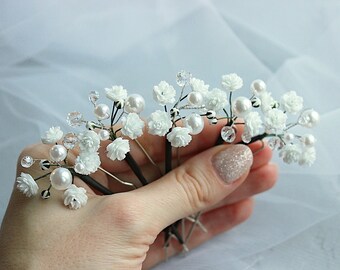 Babys Breath Pearl wedding hair pins, Gypsophila wedding hair piece