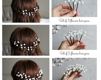 Bridal Babys Breath Hair Pins, Wedding Flower Hair Piece