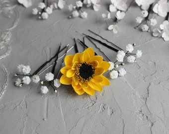 Sunflower Babys Breath hair pins, Wedding flower hair piece, Sunflower bridal shower