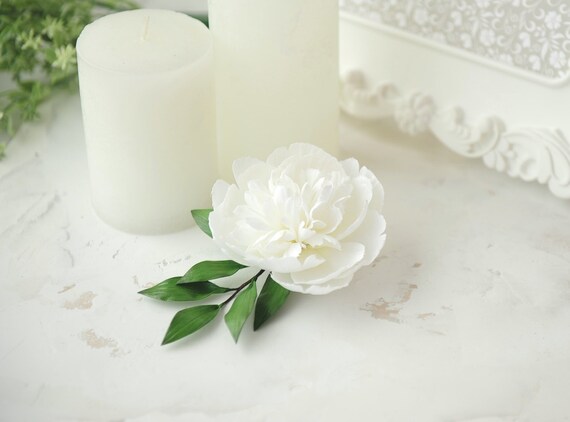 White Peony Hair Clip Flower Bride Hair Piece Wedding Hair Accessory Greenery Bridesmaide Barrette Spring Wedding Flower Girl Hair Updo