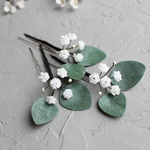 Babys breath hair pins, Eucalyptus Greenery wedding hair piece