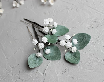 Babys breath hair pins, Eucalyptus Greenery wedding hair piece