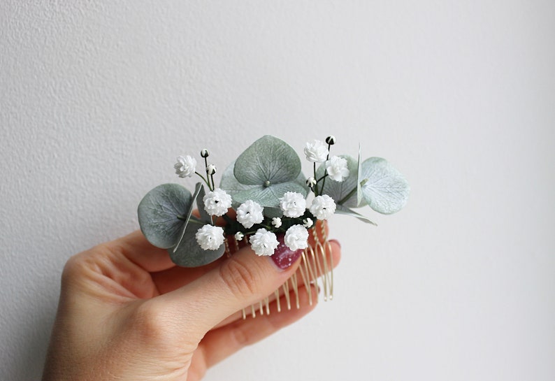 Eucalyptus Baby breath bridal hair comb, Greenery hair piece image 8