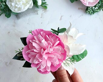 Pink peony bridal hair comb, Blush Peony flower hair piece