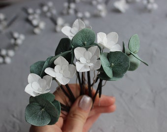 Eucalyptus Hydrangea flowers wedding hair pins