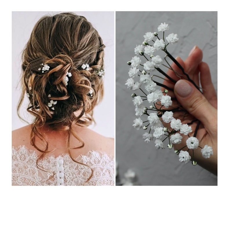 Babys Breath hair pins, Gypsophila flowers hair piece image 1