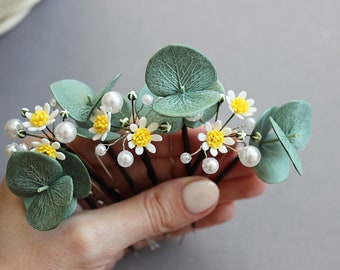 Eucalyptus pearl hair pins Daisy flowers hair clip