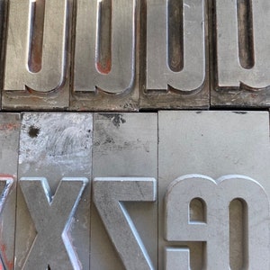 Pu&ograve; includere: Primo piano di blocchi di stampa tipografica in metallo, che mostrano le lettere 'U', 'W', 'X', 'Z' e '90'. I blocchi sono grigi e hanno una superficie usurata e testurizzata.