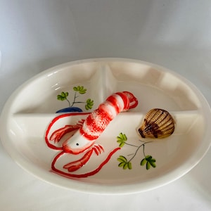 Seafood Serving Platter handpainted with lobster, mussels and clams. Three sectional oval plate.