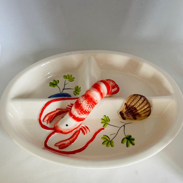 Seafood Serving Platter handpainted with lobster, mussels and clams. Three sectional oval plate.