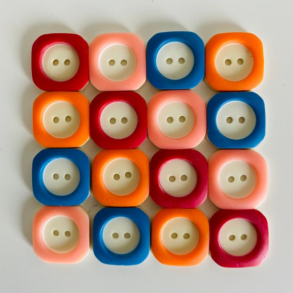 Fabulous French 1960s Square Buttons. 2cm wide Orange Blue Red Pink
